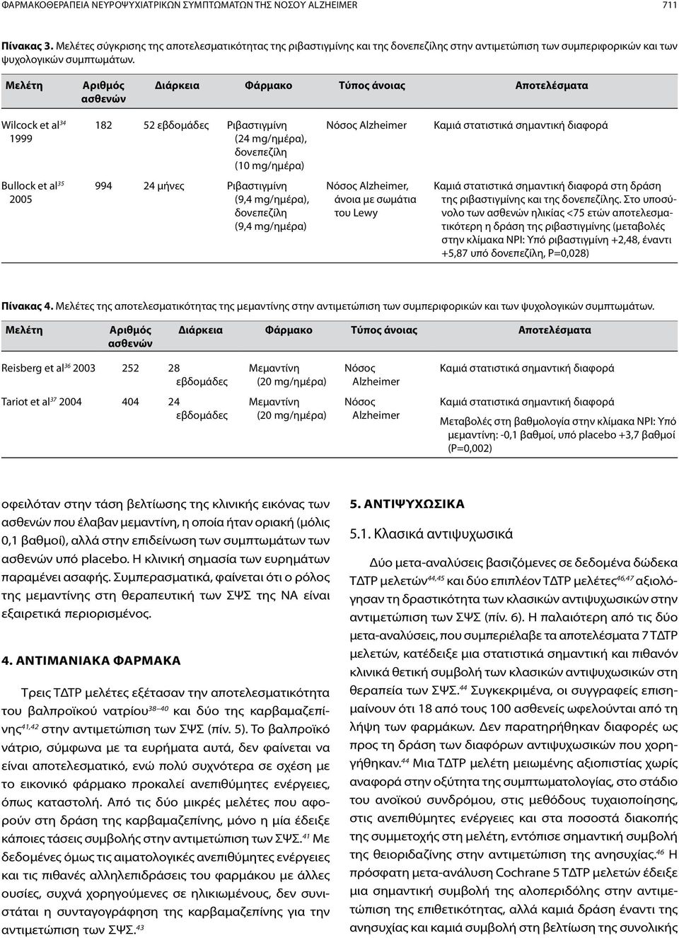 Wilcock et al 34 1999 182 52 εβδομάδες Ριβαστιγμίνη (24 mg/ημέρα), δονεπεζίλη (10 mg/ημέρα) Bullock et al 35 2005 994 24 μήνες Ριβαστιγμίνη (9,4 mg/ημέρα), δονεπεζίλη (9,4 mg/ημέρα), άνοια με σωμάτια