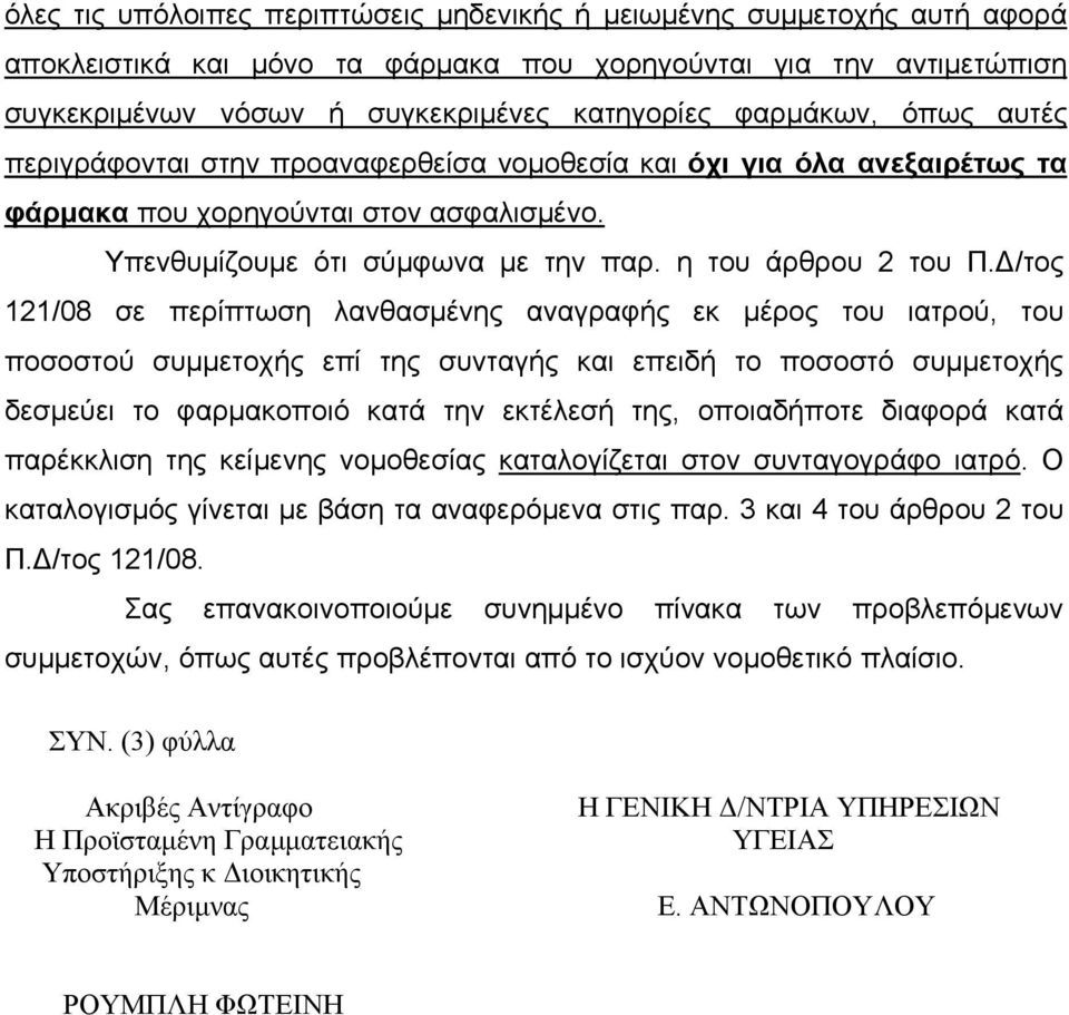 Δ/τος 121/08 σε περίπτωση λανθασμένης αναγραφής εκ μέρος του ιατρού, του ποσοστού συμμετοχής επί της συνταγής και επειδή το ποσοστό συμμετοχής δεσμεύει το φαρμακοποιό κατά την εκτέλεσή της,