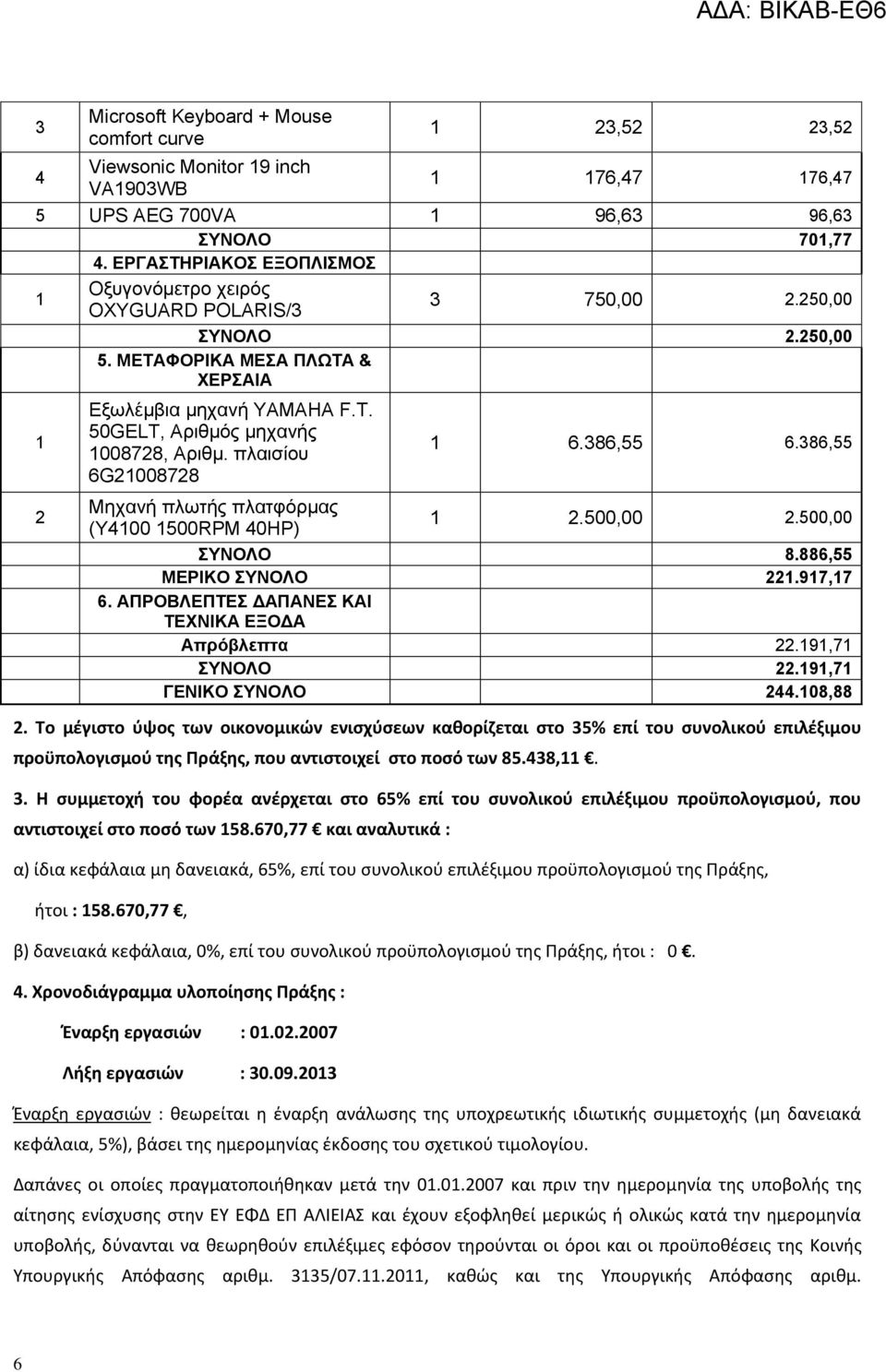 50GELT, Αριθμός μηχανής 1008728, Αριθμ. πλαισίου 6G21008728 1 6.386,55 6.386,55 Μηχανή πλωτής πλατφόρμας (Υ4100 1500RPM 40HP) 1 2.500,00 2.500,00 ΣΥΝΟΛΟ 8.886,55 ΜΕΡΙΚΟ ΣΥΝΟΛΟ 221.917,17 6.