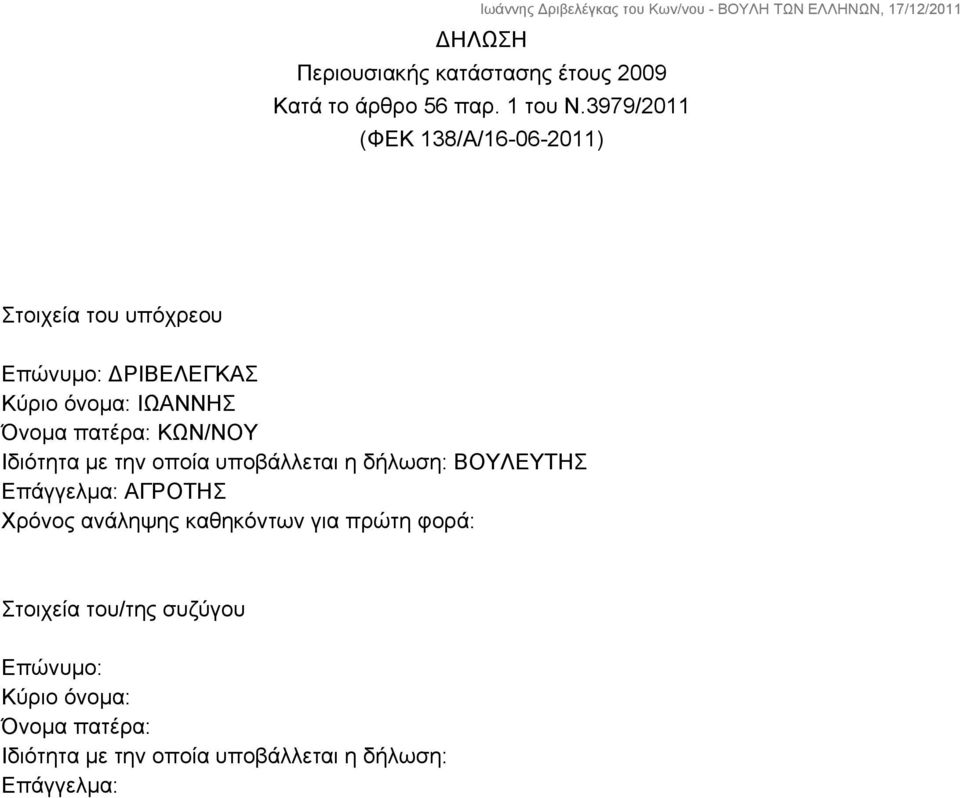 πατέρα: ΚΩΝ/ΝΟΥ Ιδιότητα με την οποία υποβάλλεται η δήλωση: ΒΟΥΛΕΥΤΗΣ Επάγγελμα: ΑΓΡΟΤΗΣ Χρόνος ανάληψης