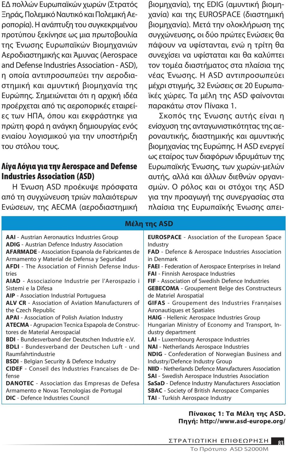 Association - ASD), η ο ποί α α ντιπρο σω πεύ ει την α ε ροδιαστη μι κή και α μυ ντι κή βιο μη χα νί α της Ευ ρώ πης.