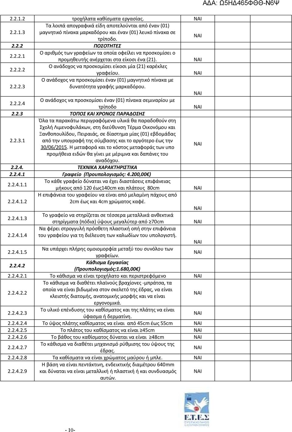 2.3 ΤΟΠΟΣ ΚΑΙ ΧΡΟΝΟΣ ΠΑΡΑΔΟΣΗΣ Όλα τα παρακάτω περιγραφόμενα υλικά θα παραδοθούν στη Σχολή Λιμενοφυλάκων, στη διεύθυνση Τέρμα Οικονόμου και Ξανθοπουλίδου, Πειραιάς, σε δίαστημα μίας (01) εβδομάδας 2.