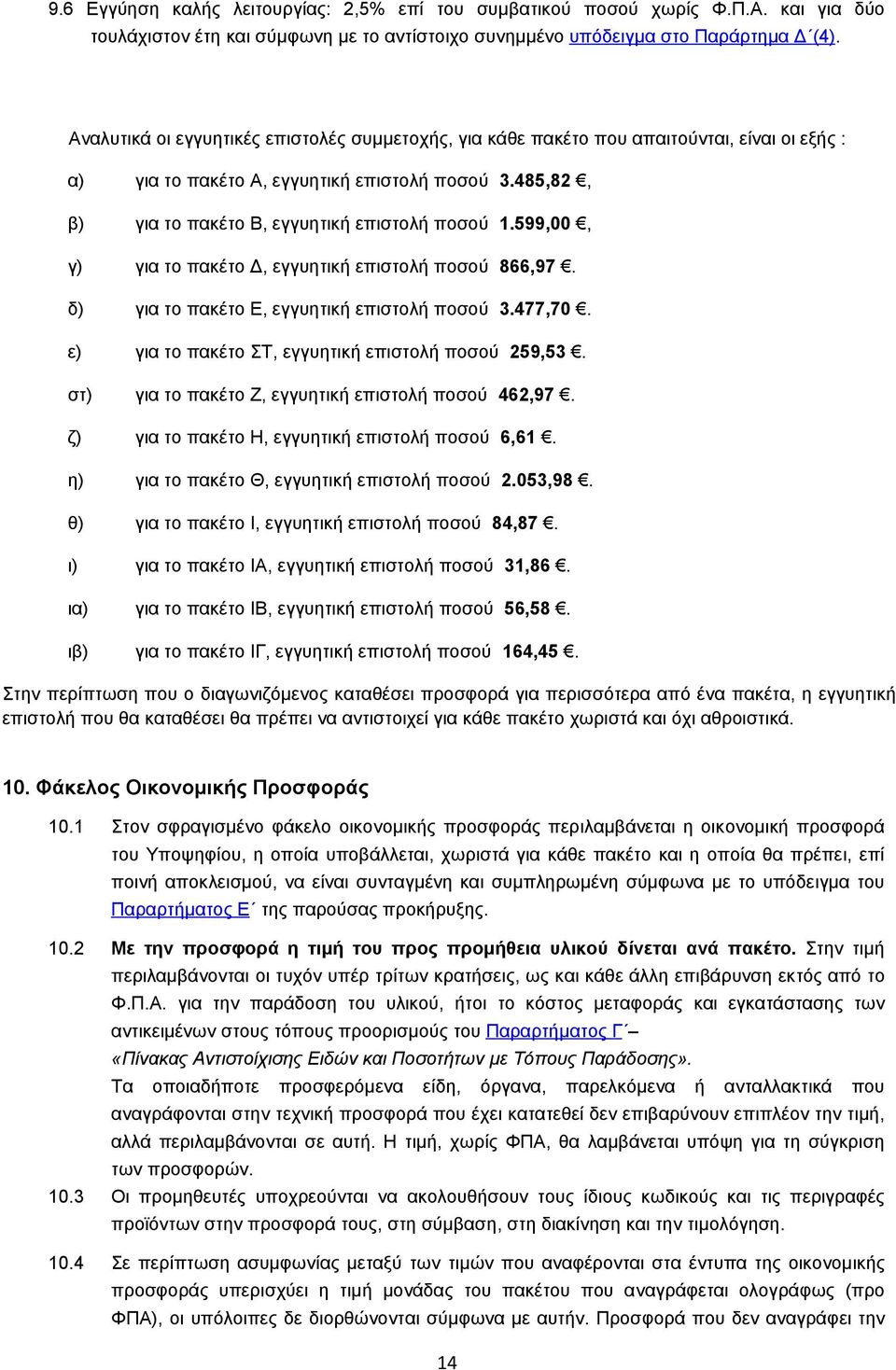 599,00, γ) για το πακέτο Δ, εγγυητική επιστολή ποσού 866,97. δ) για το πακέτο Ε, εγγυητική επιστολή ποσού 3.477,70. ε) για το πακέτο ΣΤ, εγγυητική επιστολή ποσού 259,53.