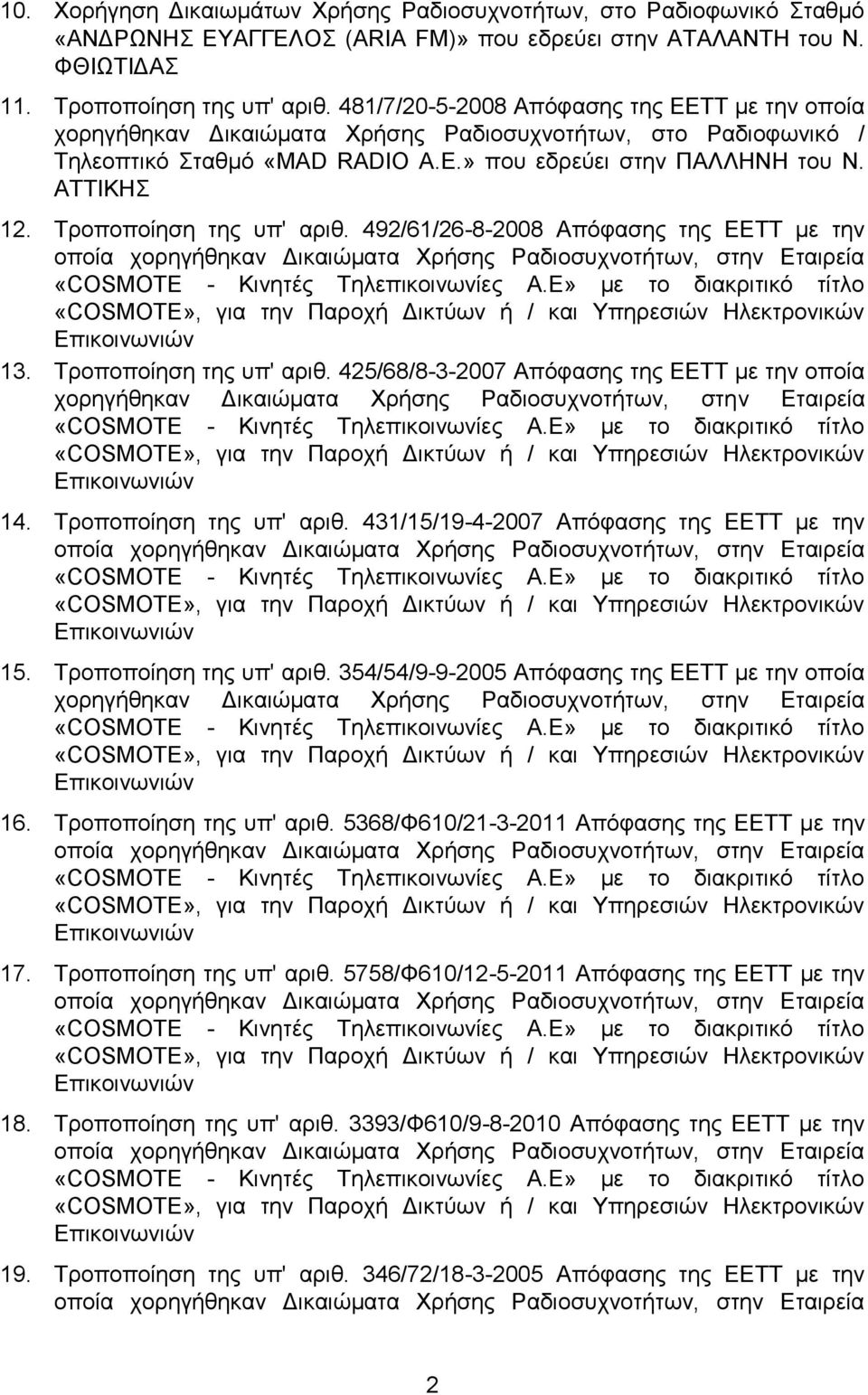 Σξνπνπνίεζε ηεο ππ' αξηζ. 492/61/26-8-2008 Απόθαζεο ηεο ΔΔΣΣ κε ηελ 13. Σξνπνπνίεζε ηεο ππ' αξηζ.