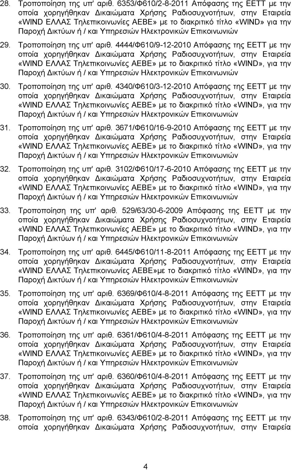 Σξνπνπνίεζε ηεο ππ' αξηζ. 529/63/30-6-2009 Απόθαζεο ηεο ΔΔΣΣ κε ηελ 34. Σξνπνπνίεζε ηεο ππ' αξηζ.