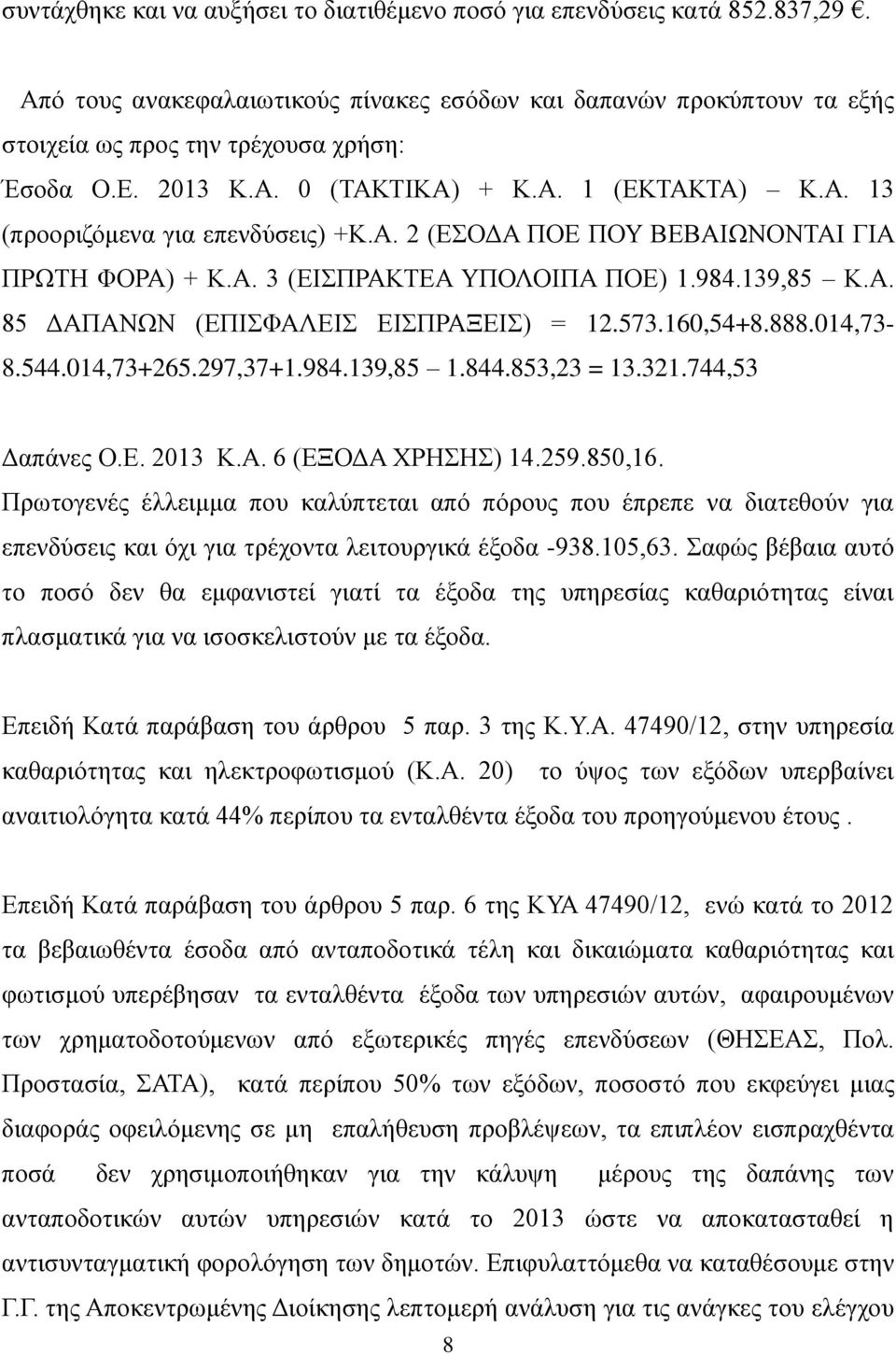 573.160,54+8.888.014,73-8.544.014,73+265.297,37+1.984.139,85 1.844.853,23 = 13.321.744,53 Δαπάνες Ο.Ε. 2013 Κ.Α. 6 (ΕΞΟΔΑ ΧΡΗΣΗΣ) 14.259.850,16.