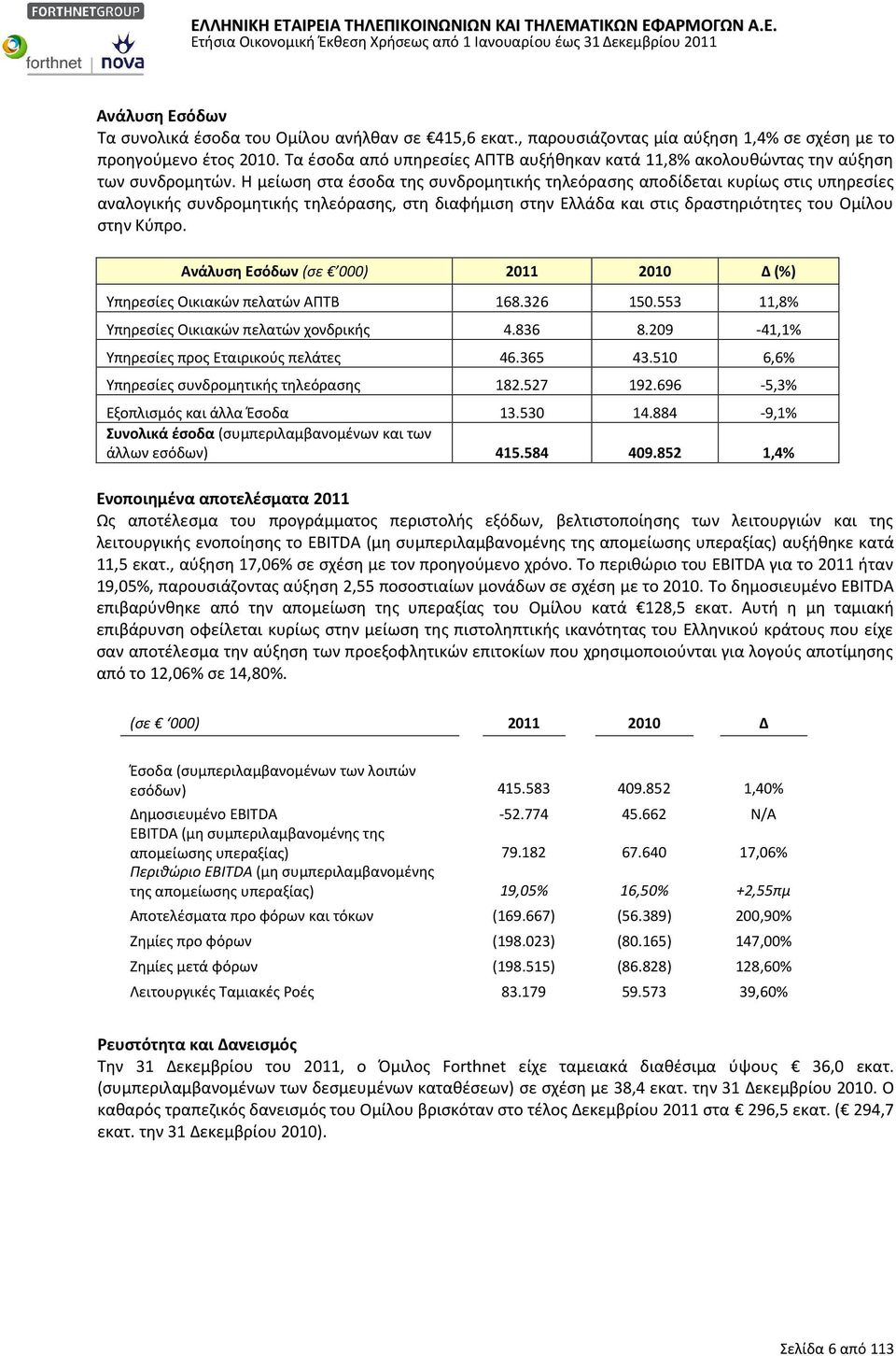 Η μείωση στα έσοδα της συνδρομητικής τηλεόρασης αποδίδεται κυρίως στις υπηρεσίες αναλογικής συνδρομητικής τηλεόρασης, στη διαφήμιση στην Ελλάδα και στις δραστηριότητες του Ομίλου στην Κύπρο.