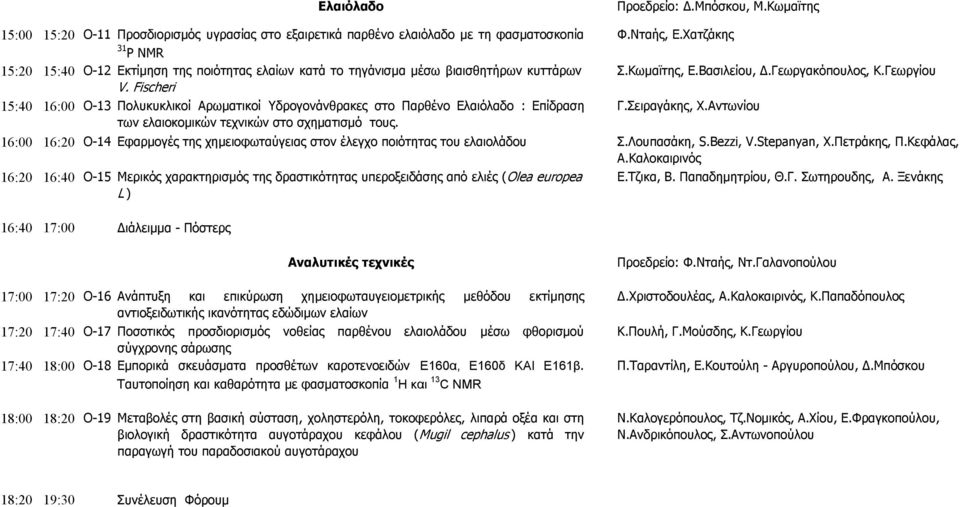 Fischeri 15:40 16:00 Ο-13 Πολυκυκλικοί Αρωµατικοί Υδρογονάνθρακες στο Παρθένο Ελαιόλαδο : Επίδραση Γ.Σειραγάκης, X.Αντωνίου των ελαιοκοµικών τεχνικών στο σχηµατισµό τους.