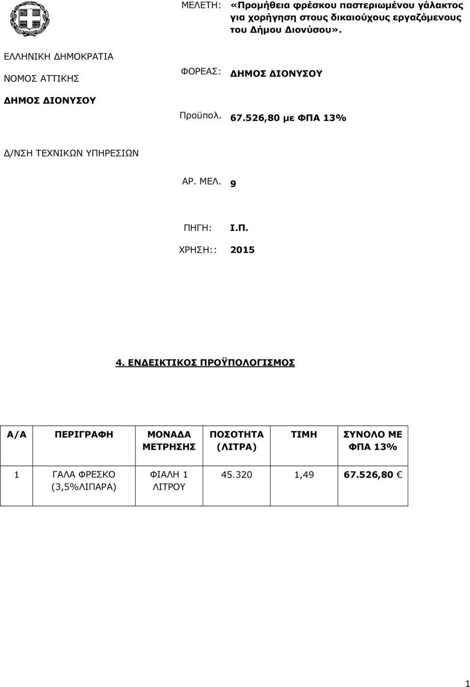 526,80 µε ΦΠΑ 13% /ΝΣΗ ΤΕΧΝΙΚΩΝ ΥΠΗΡΕΣΙΩΝ ΑΡ. ΜΕΛ. 9 ΠΗΓΗ: ΧΡΗΣΗ:: Ι.Π. 2015 4.