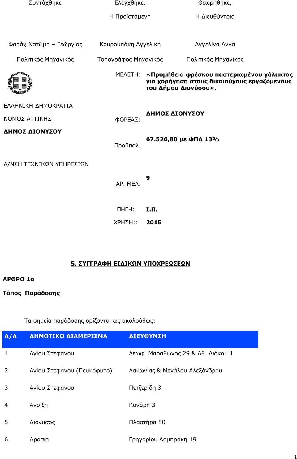 526,80 µε ΦΠΑ 13% /ΝΣΗ ΤΕΧΝΙΚΩΝ ΥΠΗΡΕΣΙΩΝ ΑΡ. ΜΕΛ. 9 ΠΗΓΗ: ΧΡΗΣΗ:: Ι.Π. 2015 5.