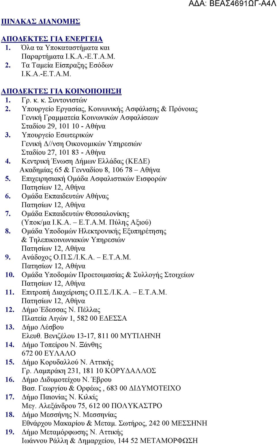 Υπουργείο Εσωτερικών Γενική Δ//νση Οικονομικών Υπηρεσιών Σταδίου 27, 101 83 - Αθήνα 4. Κεντρική Ένωση Δήμων Ελλάδας (ΚΕΔΕ) Ακαδημίας 65 & Γενναδίου 8, 106 78 Αθήνα 5.