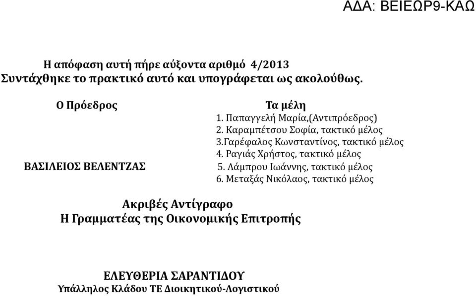 Γαρέφαλος Κωνσταντίνος, τακτικό μέλος 4. Ραγιάς Χρήστος, τακτικό μέλος 5. Λάμπρου Ιωάννης, τακτικό μέλος 6.