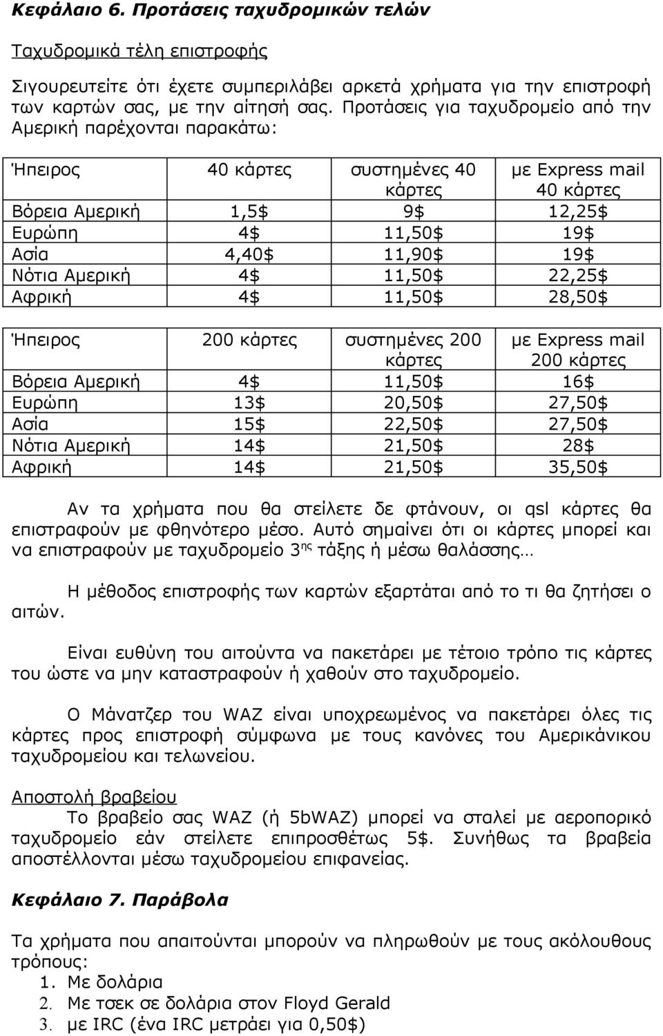 19$ Νότια Αμερική 4$ 11,50$ 22,25$ Αφρική 4$ 11,50$ 28,50$ Ήπειρος 200 κάρτες συστημένες 200 κάρτες με Express mail 200 κάρτες Βόρεια Αμερική 4$ 11,50$ 16$ Ευρώπη 13$ 20,50$ 27,50$ Ασία 15$ 22,50$