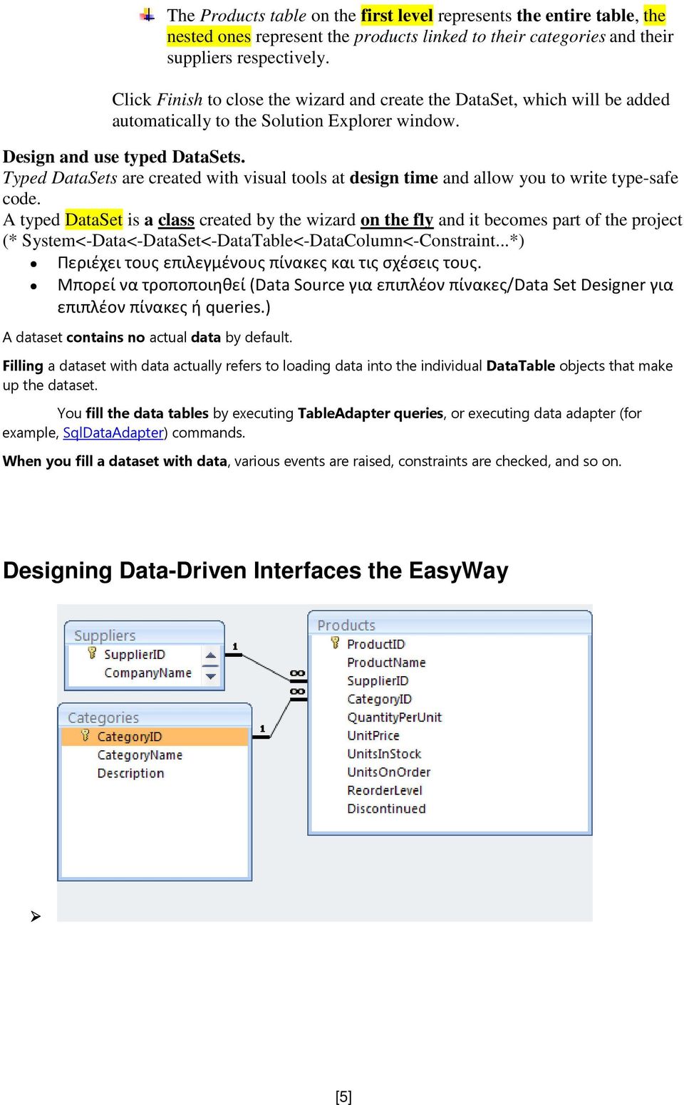 Typed DataSets are created with visual tools at design time and allow you to write type-safe code.