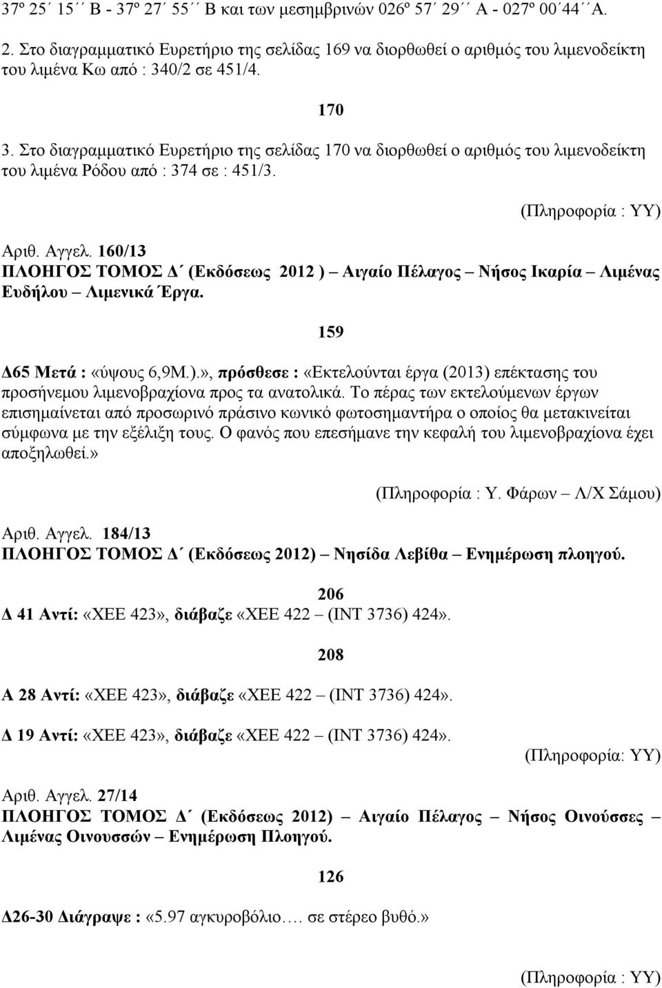 160/13 ΠΛΟΗΓΟΣ ΤΟΜΟΣ Δ (Εκδόσεως 2012 ) Αιγαίο Πέλαγος Νήσος Ικαρία Λιμένας Ευδήλου Λιμενικά Έργα. 159 Δ65 Μετά : «ύψους 6,9Μ.).», πρόσθεσε : «Εκτελούνται έργα (2013) επέκτασης του προσήνεμου λιμενοβραχίονα προς τα ανατολικά.