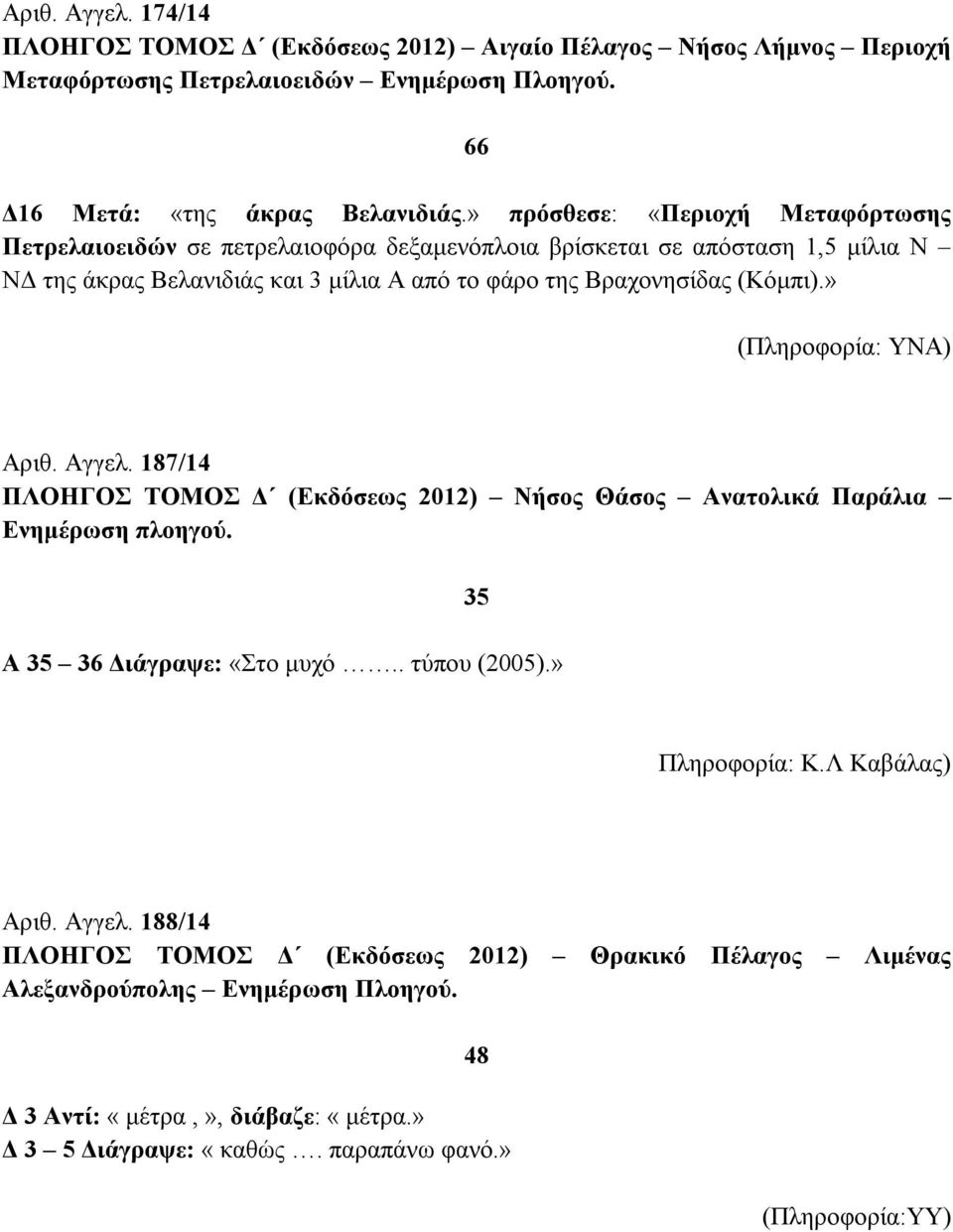 » (Πληροφορία: ΥΝΑ) Αριθ. Αγγελ. 187/14 ΠΛΟΗΓΟΣ ΤΟΜΟΣ Δ (Εκδόσεως 2012) Νήσος Θάσος Ανατολικά Παράλια Ενημέρωση πλοηγού. Α 35 36 Διάγραψε: «Στο μυχό.. τύπου (2005).» 35 Πληροφορία: Κ.