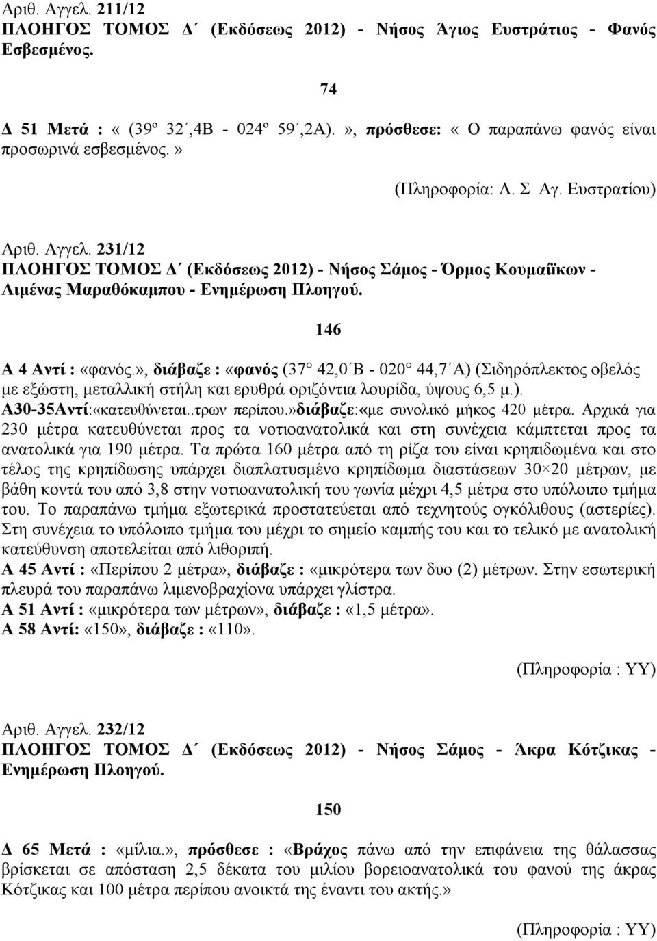 », διάβαζε : «φανός (37 42,0 Β - 020 44,7 Α) (Σιδηρόπλεκτος οβελός με εξώστη, μεταλλική στήλη και ερυθρά οριζόντια λουρίδα, ύψους 6,5 μ.). Α30-35Αντί:«κατευθύνεται..τρων περίπου.