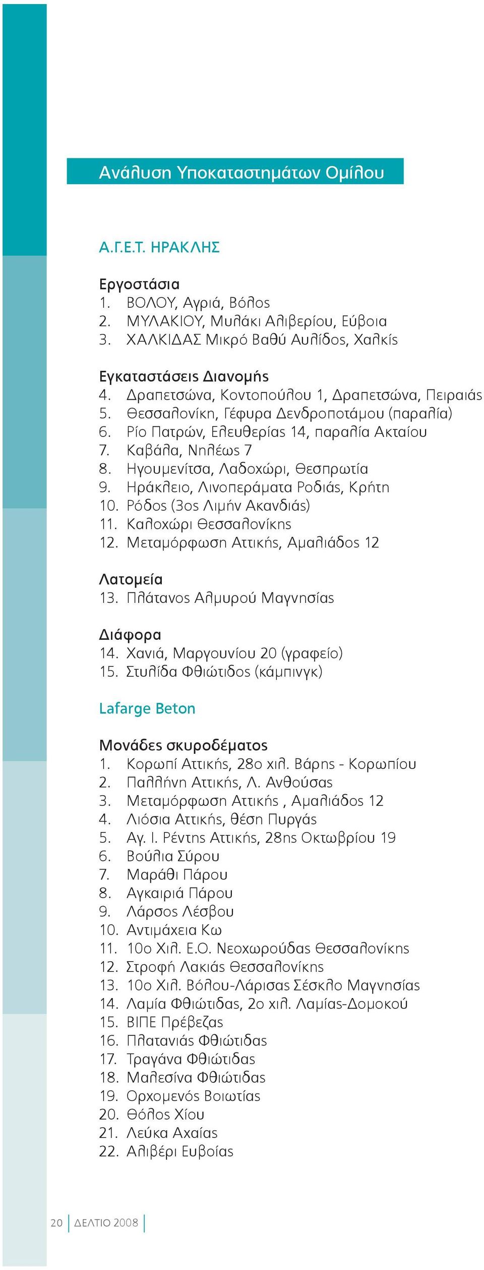 Ηράκλειο, Λινοπεράματα Ροδιάς, Κρήτη 10. Ρόδος (3ος Λιμήν Ακανδιάς) 11. Καλοχώρι Θεσσαλονίκης 12. Μεταμόρφωση Αττικής, Αμαλιάδος 12 Λατομεία 13. Πλάτανος Αλμυρού Μαγνησίας Διάφορα 14.