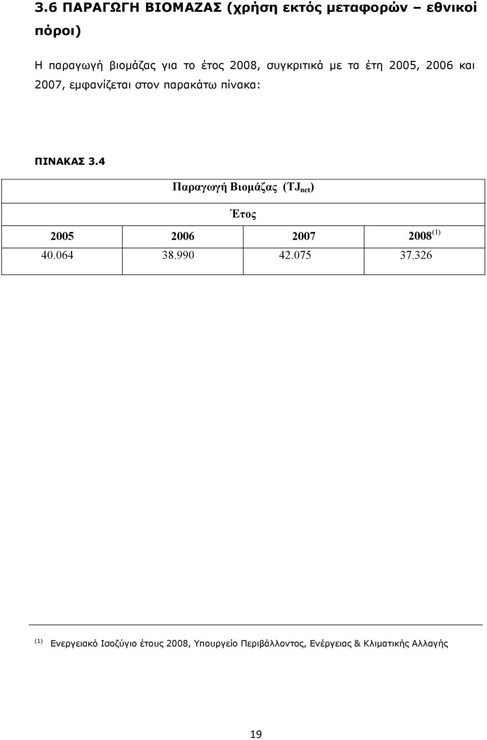 4 Παραγωγή Βιοµάζας (TJ net ) Έτος 2005 2006 2007 2008 (1) 40.064 38.990 42.075 37.