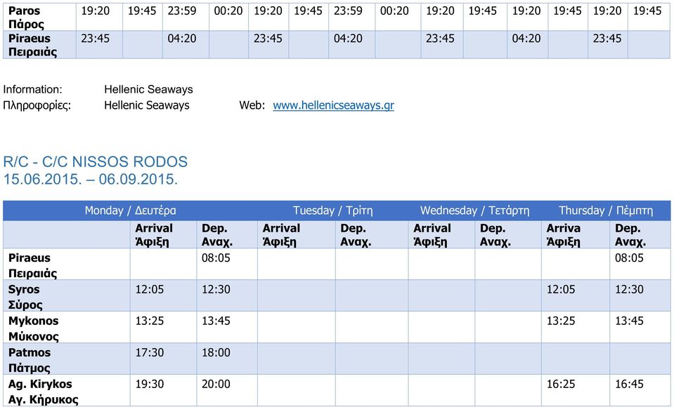 # #06.09.2015.# Monday/Δευτέρα Tuesday/Τρίτη Wednesday/Τετάρτη Thursday/Πέμπτη Arrival Άφιξη Piraeus Πειραιάς Syros Σύρος Mykonos Μύκονος Patmos Πάτμος Ag.