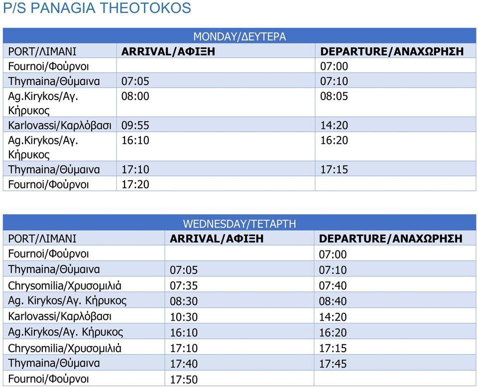 16:10 16:20 Κήρυκος Thymaina/Θύμαινα 17:10 17:15 Fournoi/Φούρνοι 17:20 WEDNESDAY/ΤΕΤΑΡΤΗ PORT/ΛΙΜΑΝΙ ARRIVAL/ΑΦΙΞΗ DEPARTURE/ΑΝΑΧΩΡΗΣΗ Fournoi/Φούρνοι 07:00