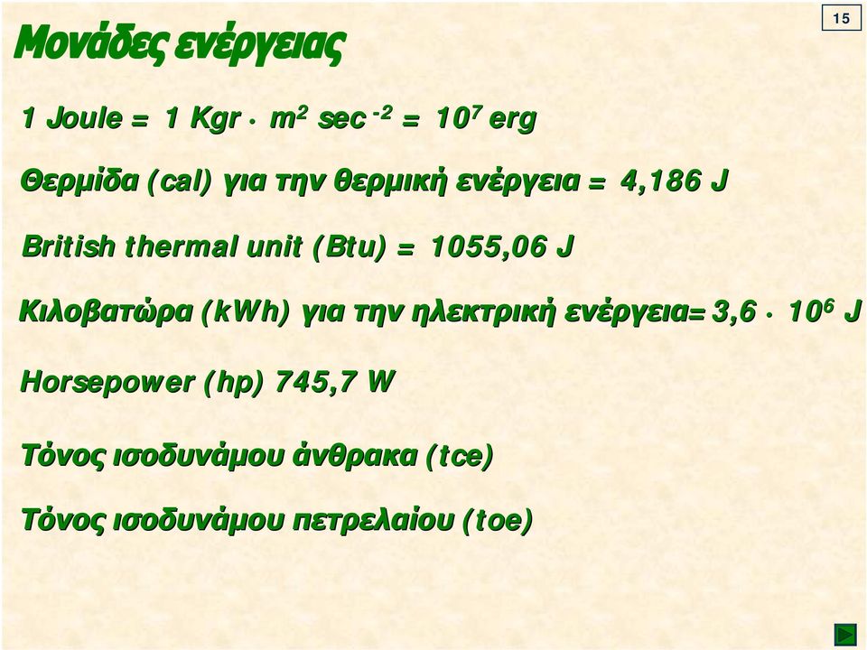 Κιλοβατώρα (kwh) για την ηλεκτρική ενέργεια=3,6 10 6 J Horsepower (hp)