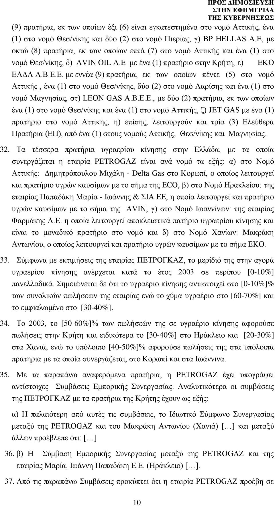 Ο ΕΛΔΑ Α.Β.Ε.Ε. με εννέα (9) πρατήρια, εκ των οποίων πέντε (5) στο νομό Αττικής, ένα (1) στο νομό Θεσ/νίκης, δύο (2) στο νομό Λαρίσης και ένα (1) στο νομό Μαγνησίας, στ) LEON GAS Α.Β.Ε.Ε., με δύο (2)