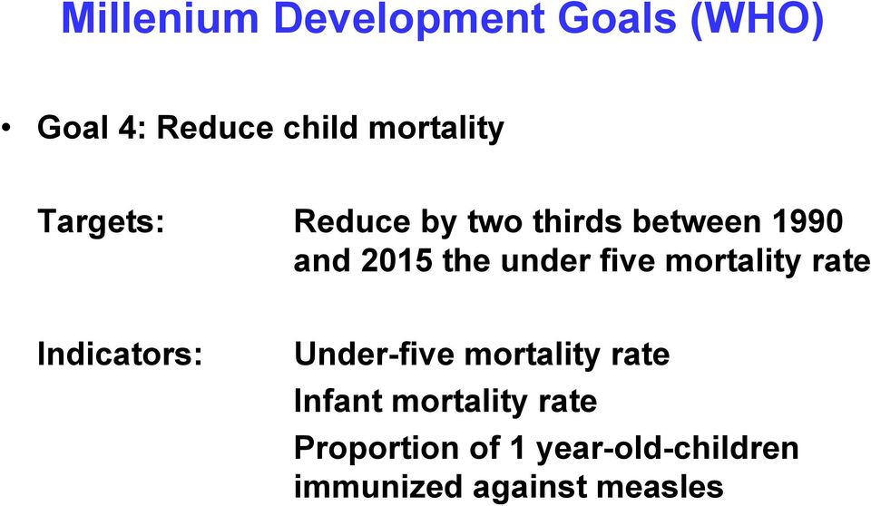 mortality rate Indicators: Under-five mortality rate Infant