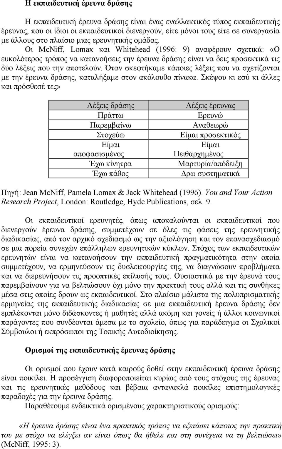 Οι McNiff, Lomax και Whitehead (1996: 9) αναφέρουν σχετικά: «Ο ευκολότερος τρόπος να κατανοήσεις την έρευνα δράσης είναι να δεις προσεκτικά τις δύο λέξεις που την αποτελούν.