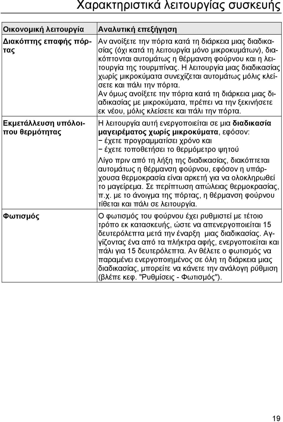 Η λειτουργία µιας διαδικασίας χωρίς µικροκύµατα συνεχίζεται αυτοµάτως µόλις κλείσετε και πάλι την πόρτα.