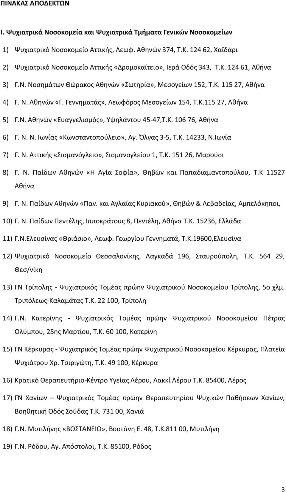 Κ. 106 76, Αθήνα 6) Γ. Ν. Ν. Ιωνίας «Κωνσταντοπούλειο», Αγ. Όλγας 3-5, Τ.Κ. 14233, Ν.Ιωνία 7) Γ. Ν. Αττικής «Σισμανόγλειο», Σισμανογλείου 1, Τ.Κ. 151 26, Μαρούσι 8) Γ. Ν. Παίδων Αθηνών «Η Αγία Σοφία», Θηβών και Παπαδιαμαντοπούλου, Τ.