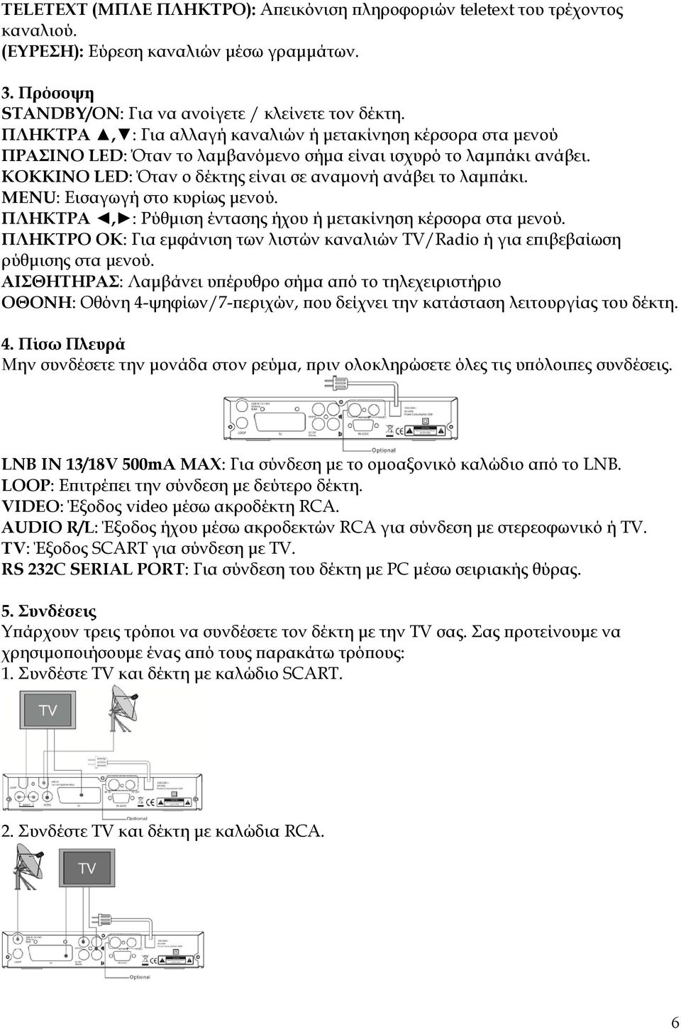 MENU: Εισαγωγή στο κυρίως μενού. ΠΛΗΚΤΡΑ, : Ρύθμιση έντασης ήχου ή μετακίνηση κέρσορα στα μενού. ΠΛΗΚΤΡΟ ΟK: Για εμφάνιση των λιστών καναλιών TV/Radio ή για επιβεβαίωση ρύθμισης στα μενού.