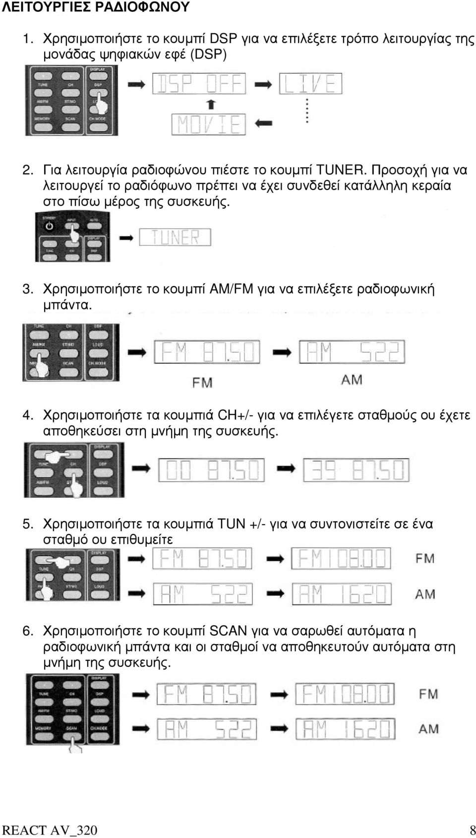 Χρησιµοποιήστε το κουµπί AM/FM για να επιλέξετε ραδιοφωνική µπάντα. 4. Χρησιµοποιήστε τα κουµπιά CH+/- για να επιλέγετε σταθµούς ου έχετε αποθηκεύσει στη µνήµη της συσκευής. 5.