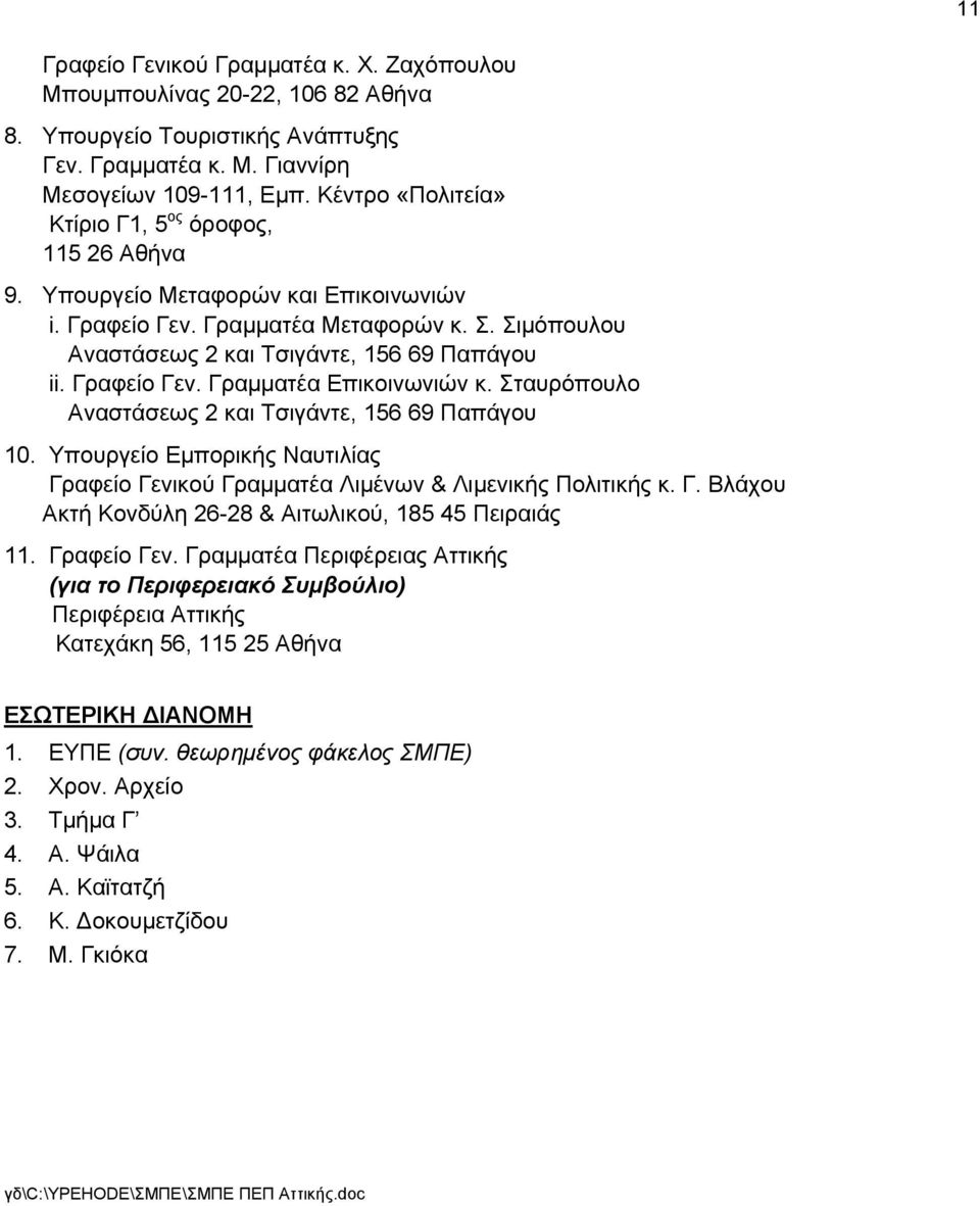 Γραφείο Γεν. Γραμματέα Επικοινωνιών κ. Σταυρόπουλο Αναστάσεως 2 και Τσιγάντε, 156 69 Παπάγου 10. Υπουργείο Εμπορικής Ναυτιλίας Γραφείο Γενικού Γραμματέα Λιμένων & Λιμενικής Πολιτικής κ. Γ. Βλάχου Ακτή Κονδύλη 26-28 & Αιτωλικού, 185 45 Πειραιάς 11.