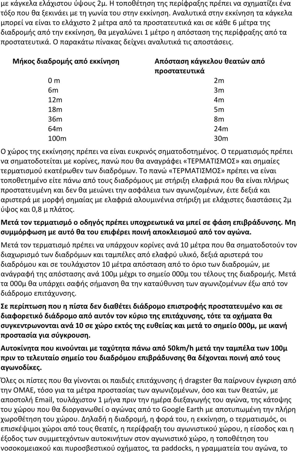 προστατευτικά. Ο παρακάτω πίνακας δείχνει αναλυτικά τις αποστάσεις.