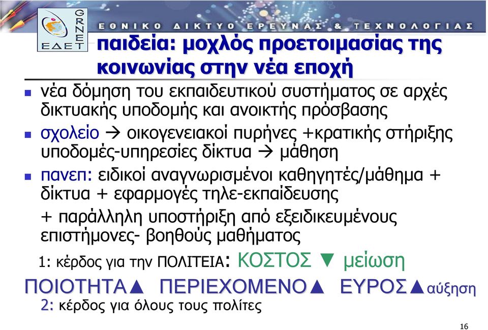 αναγνωρισµένοι καθηγητές/µάθηµα + δίκτυα + εφαρµογές τηλε-εκπαίδευσης + παράλληλη υποστήριξη από εξειδικευµένους επιστήµονες-