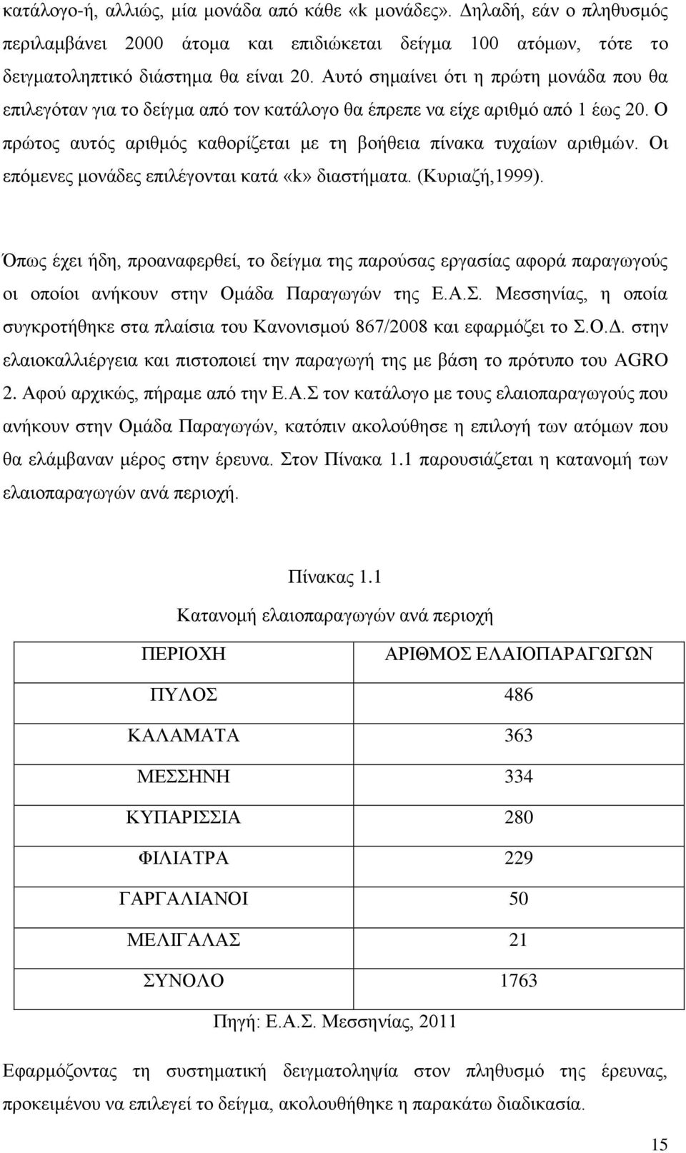 Οι επόμενες μονάδες επιλέγονται κατά «k» διαστήματα. (Κυριαζή,1999). Όπως έχει ήδη, προαναφερθεί, το δείγμα της παρούσας εργασίας αφορά παραγωγούς οι οποίοι ανήκουν στην Ομάδα Παραγωγών της Ε.Α.Σ.