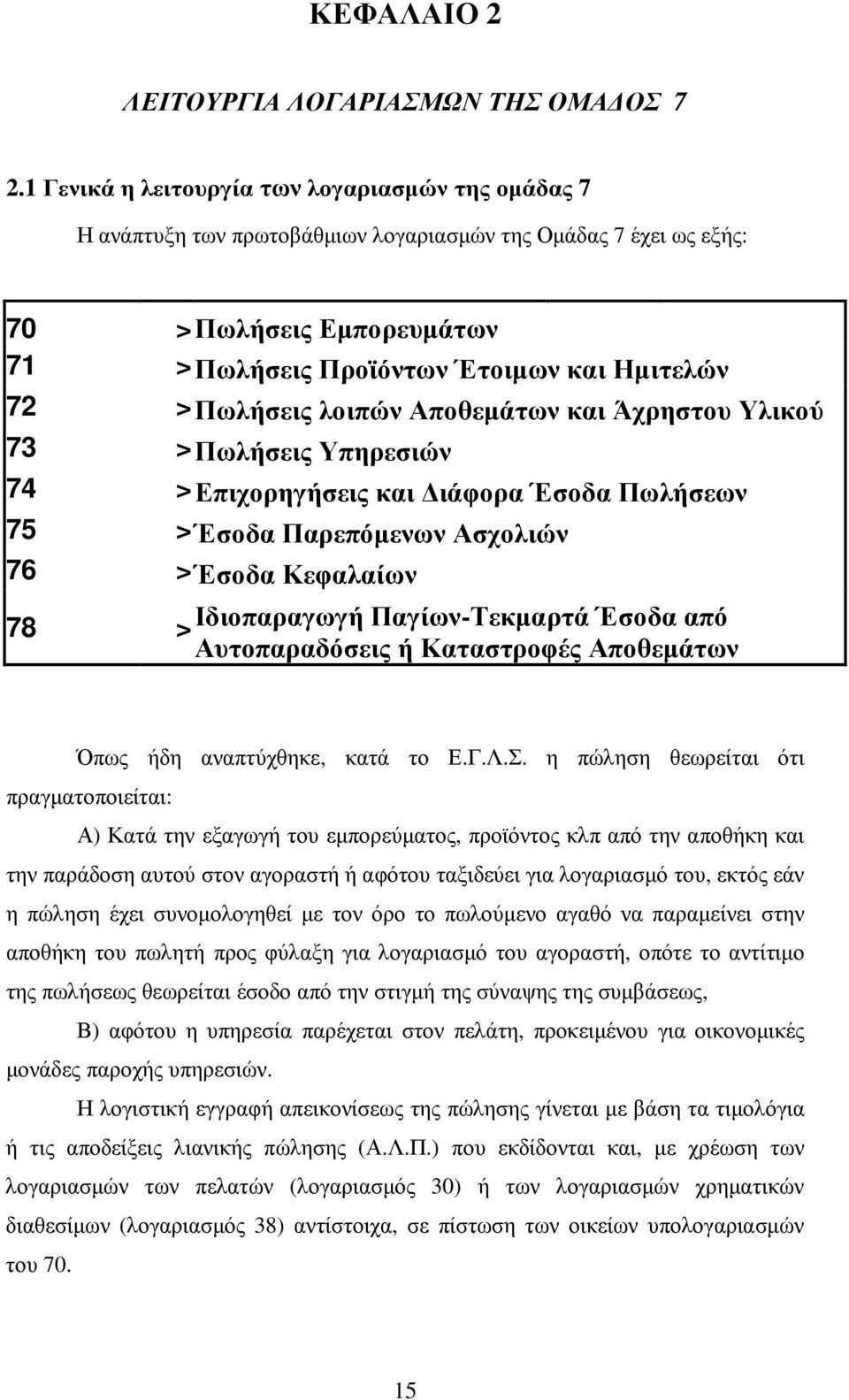 Πωλήσεις λοιπών Αποθεµάτων και Άχρηστου Υλικού 73 > Πωλήσεις Υπηρεσιών 74 > Επιχορηγήσεις και ιάφορα Έσοδα Πωλήσεων 75 > Έσοδα Παρεπόµενων Ασχολιών 76 > Έσοδα Κεφαλαίων 78 > Ιδιοπαραγωγή