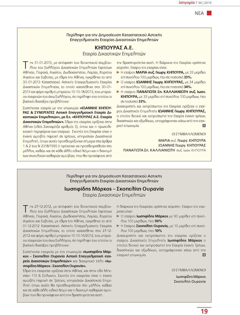 κατατέθηκε στις 30-01- 2013 και φέρει αριθμό μητρώου 10-10-18/2013, του μητρώου εταιρειών του άνω Συλλόγου, σε περίληψη του οποίου οι βασικές διατάξεις προβλέπουν: Συστήνεται εταιρία με την επωνυμία