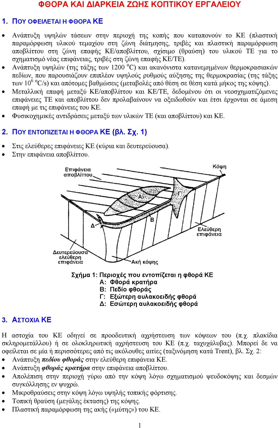 ζώνη επαφής ΚΕ/αποβλίττου, σχίσιµο (θραύση) του υλικού ΤΕ για το σχηµατισµό νέας επιφάνειας, τριβές στη ζώνη επαφής ΚΕ/ΤΕ).