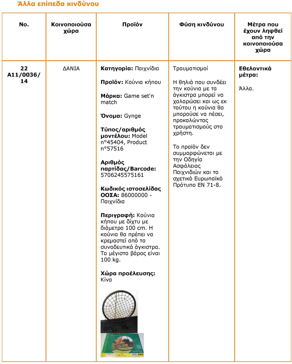 Όνοµα: Gynge µοντέλου: Model n 45404, Product n 57516 5706245575161 ΟΟΣΑ: 86000000 - Παιχνίδια Τραυµατισµοί Η θηλιά που συνδέει την κούνια µε τα άγκιστρα µπορεί να χαλαρώσει