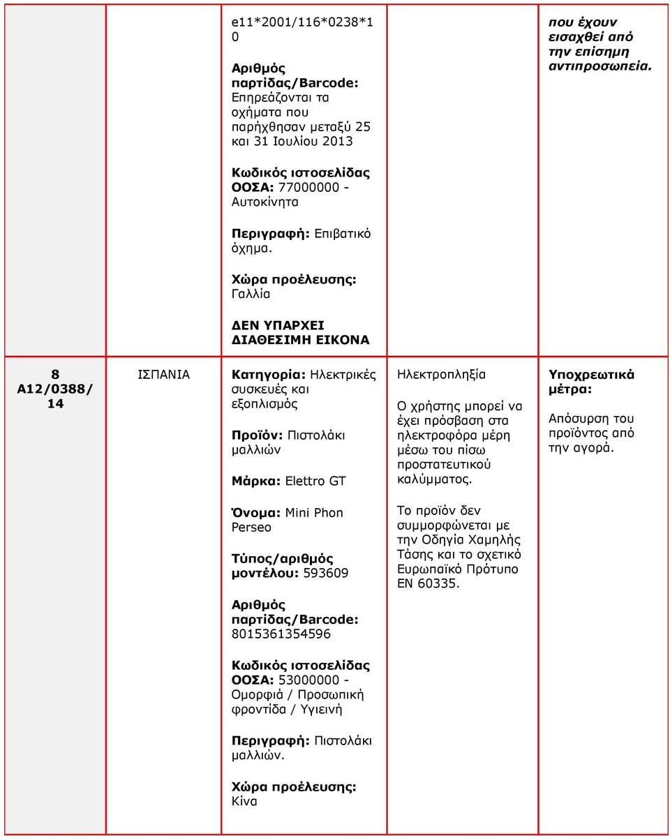 Γαλλία ΕΝ ΥΠΑΡΧΕΙ ΙΑΘΕΣΙΜΗ ΕΙΚΟΝΑ 8 A12/0388/ ΙΣΠΑΝΙΑ Κατηγορία: Ηλεκτρικές συσκευές και εξοπλισµός Προϊόν: Πιστολάκι µαλλιών Μάρκα: Elettro GT Ηλεκτροπληξία Ο χρήστης µπορεί να