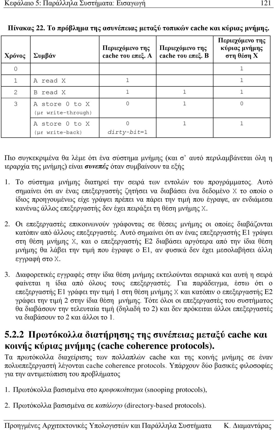 Β Περιεχόμενο της κύριας μνήμης στη θέση X 0 1 1 A read X 1 1 2 B read X 1 1 1 3 A store 0 to X (με write-through) 0 1 0 A store 0 to X (με write-back) 0 dirty-bit=1 1 1 Πιο συγκεκριμένα θα λέμε ότι