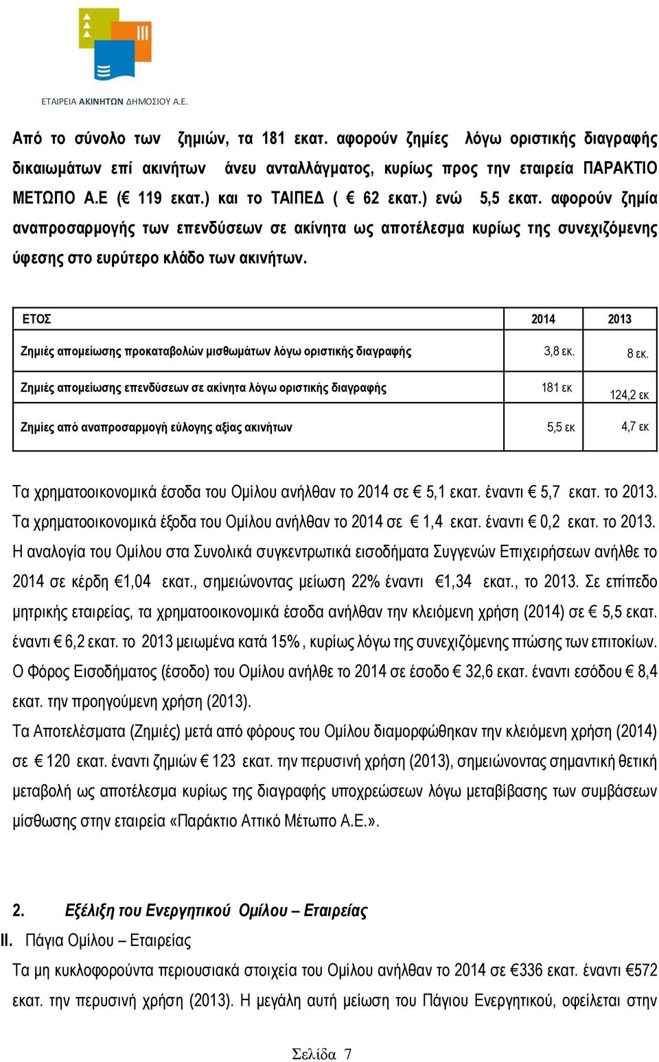 ΕΤΟΣ 2014 2013 Ζημιές απομείωσης προκαταβολών μισθωμάτων λόγω οριστικής διαγραφής 3,8 εκ. 8 εκ.