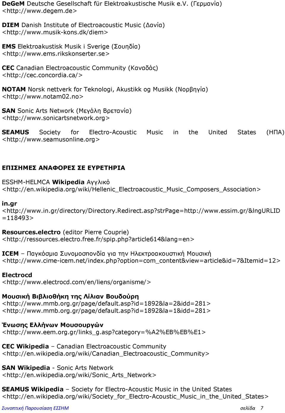 ca/> NOTAM Norsk nettverk for Teknologi, Akustikk og Musikk (Νορβηγία) <http://www.notam02.no> SAN Sonic Arts Network (Μεγάλη Βρετανία) <http://www.sonicartsnetwork.