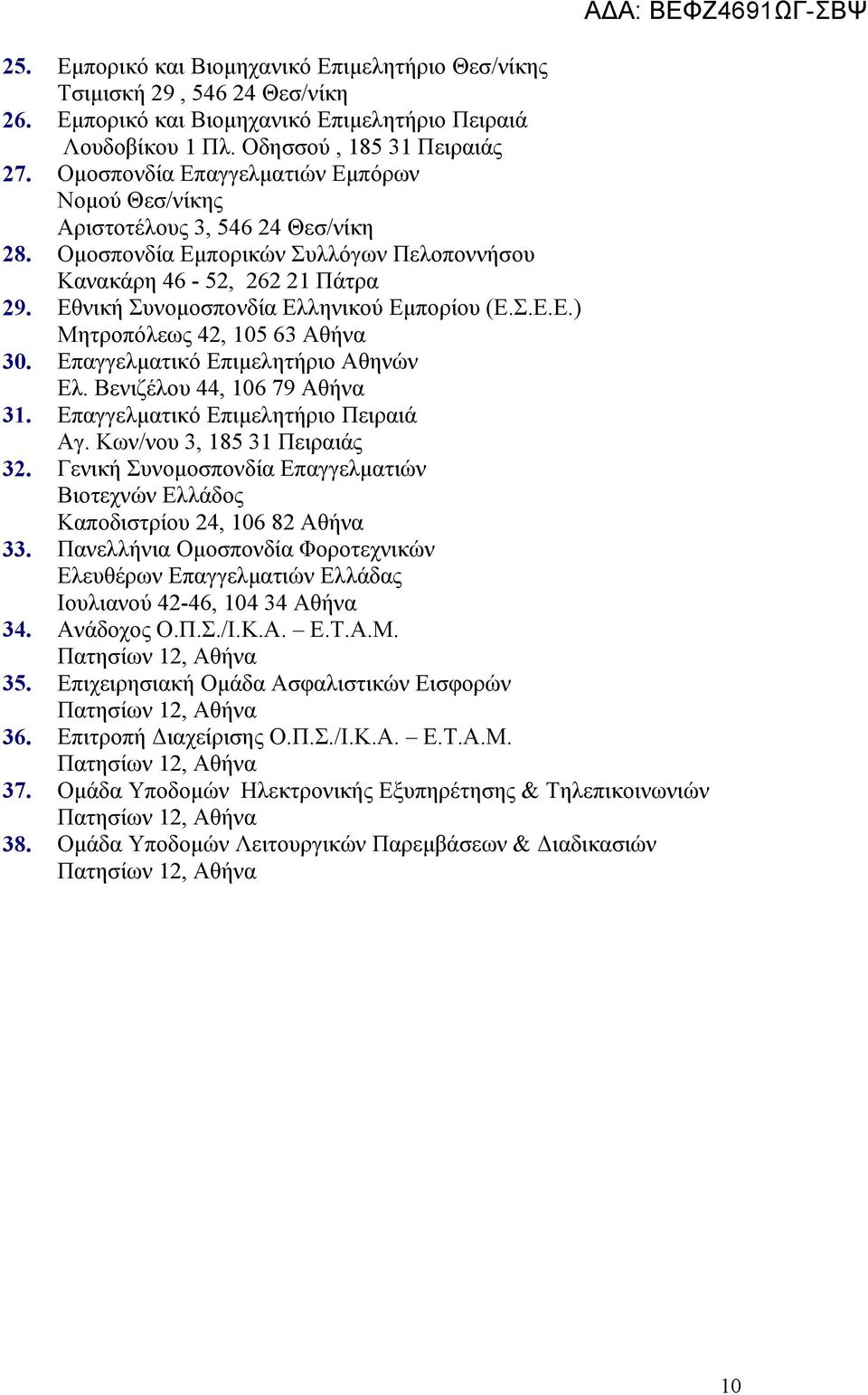 Εθνική Συνομοσπονδία Ελληνικού Εμπορίου (Ε.Σ.Ε.Ε.) Μητροπόλεως 42, 105 63 Αθήνα 30. Επαγγελματικό Επιμελητήριο Αθηνών Ελ. Βενιζέλου 44, 106 79 Αθήνα 31. Επαγγελματικό Επιμελητήριο Πειραιά Αγ.