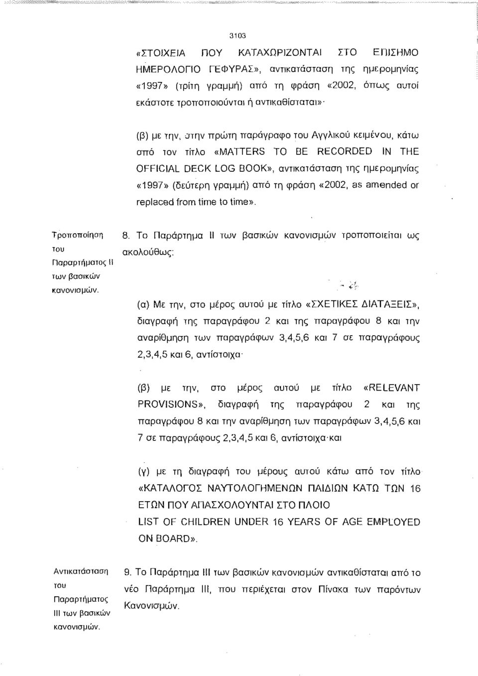 «2002, as amended or replaced from iime to time». Τροττοποίηση του Παραρτήματος ϋ των βασικών κανονισμών. 8.