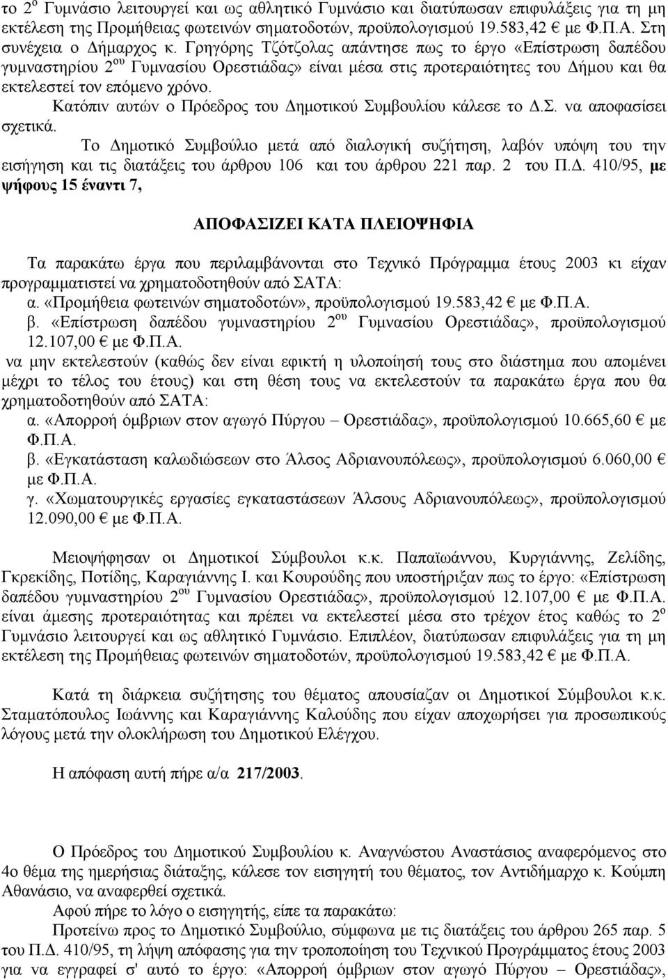 Κατόπιv αυτώv o Πρόεδρoς τoυ Δημoτικoύ Συμβoυλίoυ κάλεσε τo Δ.Σ. vα απoφασίσει σχετικά.