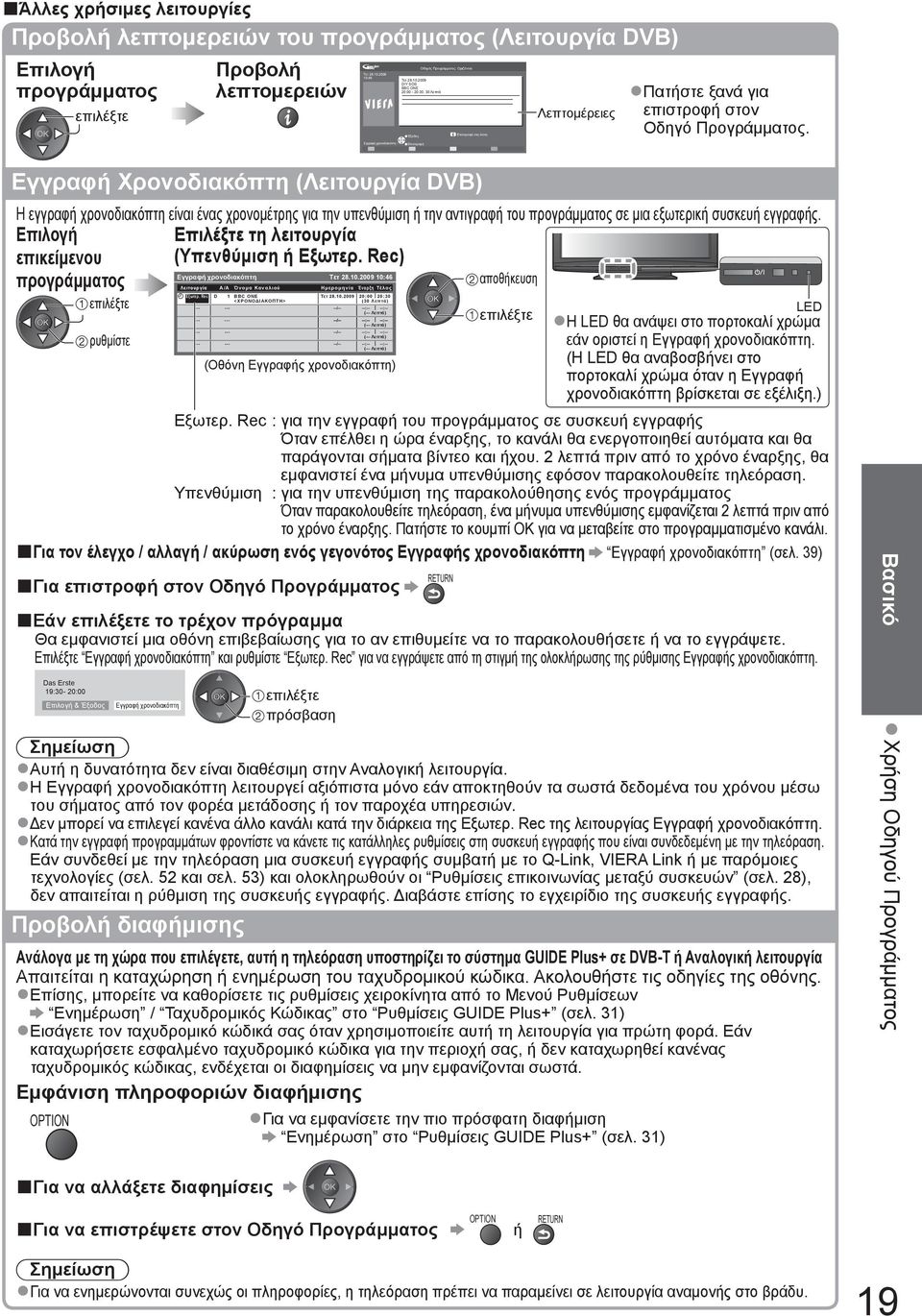 Εγγραφή Χρονοδιακόπτη (Λειτουργία DVB) Η εγγραφή χρονοδιακόπτη είναι ένας χρονομέτρης για την υπενθύμιση ή την αντιγραφή του προγράμματος σε μια εξωτερική συσκευή εγγραφής.