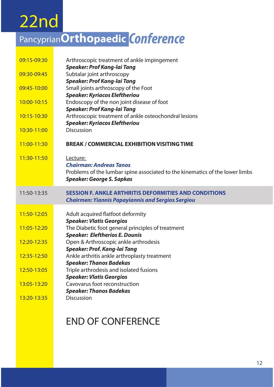 ankle osteochondral lesions Speaker: Kyriacos Eleftheriou 10:30-11:00 Discussion 11:00-11:30 BREAK / COMMERCIAL EXHIBITION VISITING TIME 11:30-11:50 Lecture: Chairman: Andreas Tanos Problems of the